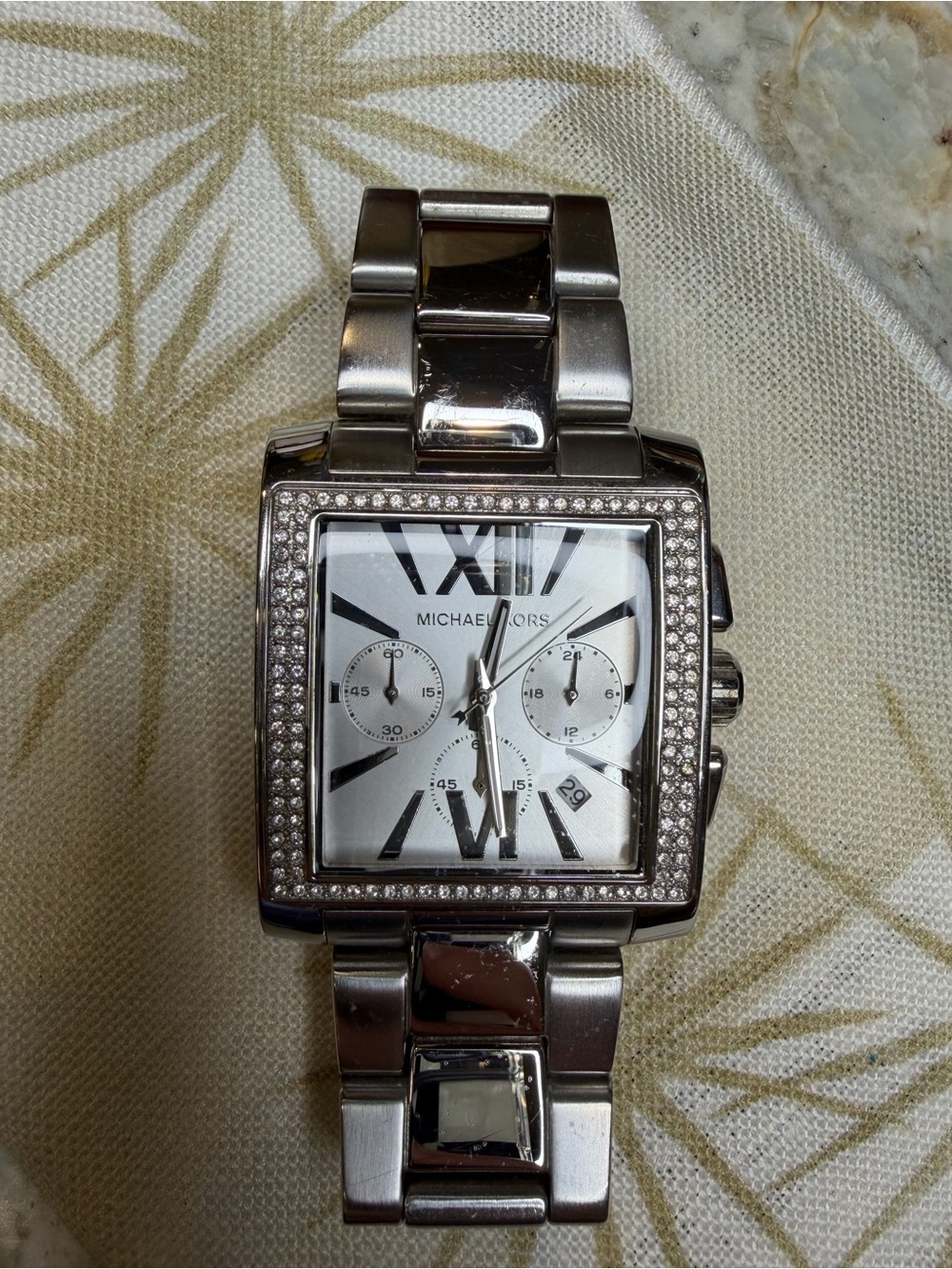 Michael Kors Silver Crystal Bezel Rectangular Chronograph Watch